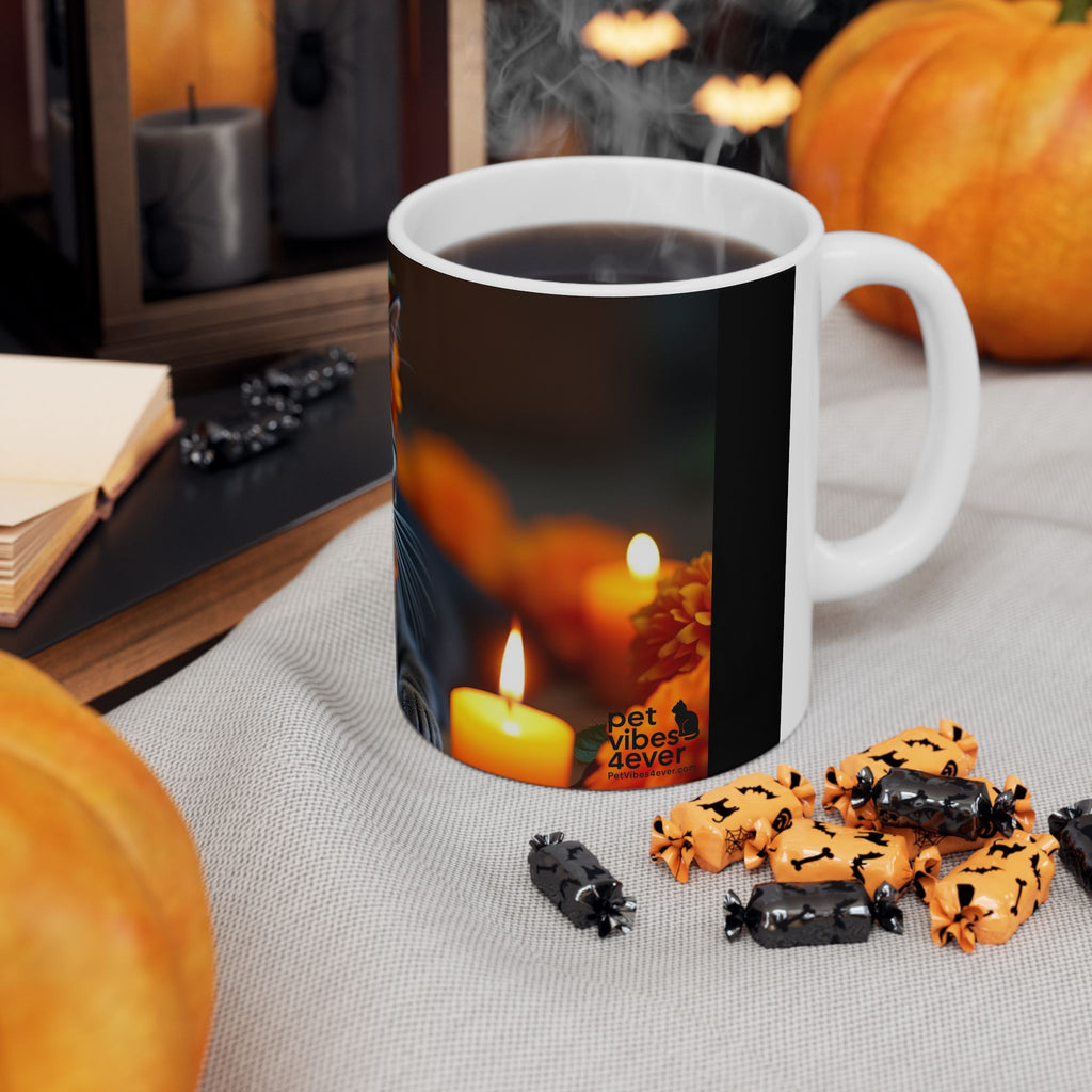 Whimsical Cat Ceramic Mug - Perfect Gift for Cat Lovers, Halloween Decor, Cozy Coffee Cup, Tea Mug, Floral Design