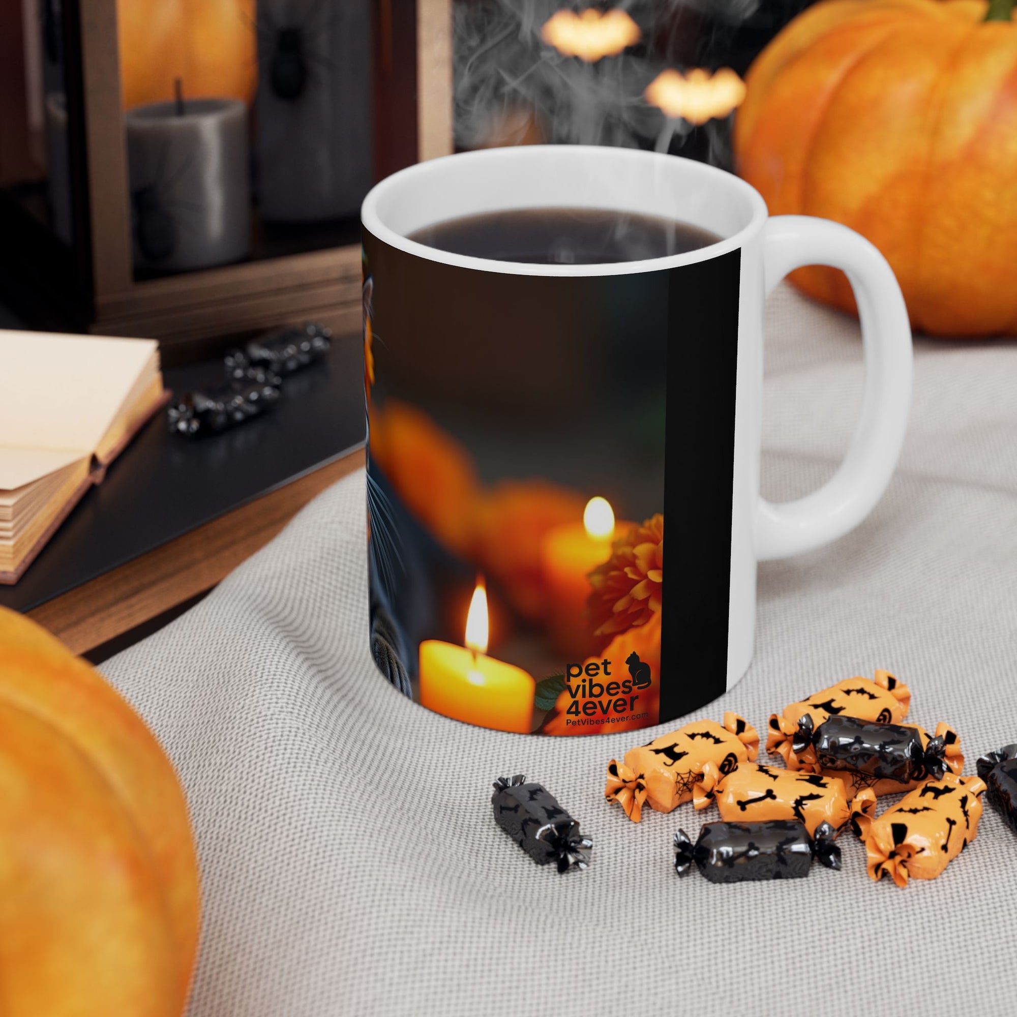 Whimsical Cat Ceramic Mug - Perfect Gift for Cat Lovers, Halloween Decor, Cozy Coffee Cup, Tea Mug, Floral Design