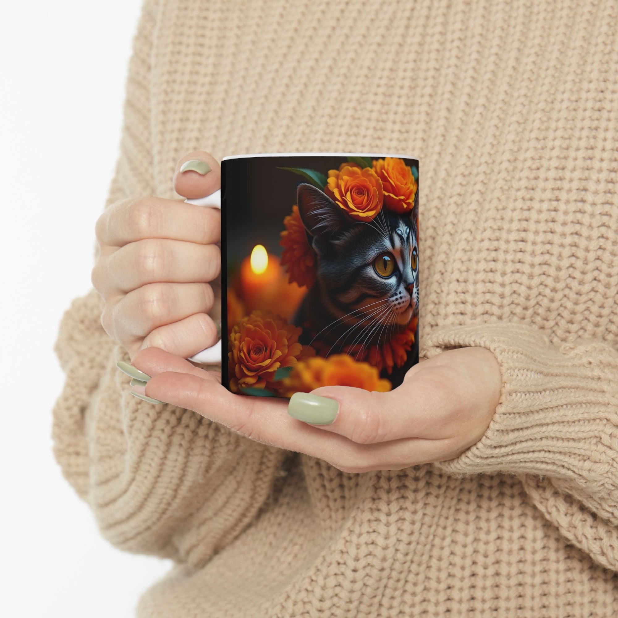 Whimsical Cat Ceramic Mug - Perfect Gift for Cat Lovers, Halloween Decor, Cozy Coffee Cup, Tea Mug, Floral Design