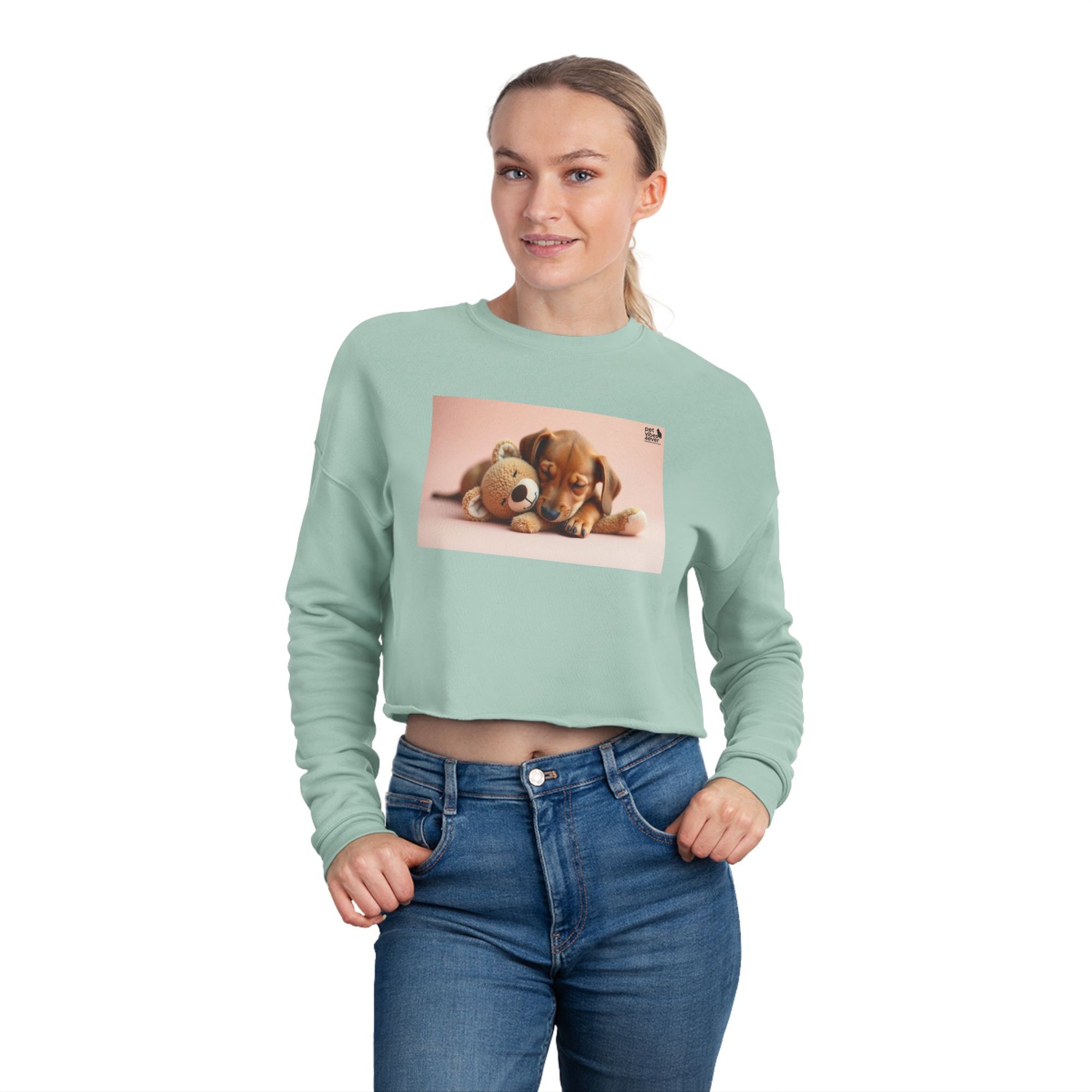 Cute Puppy & Teddy Bear Cropped Sweatshirt, Cozy Animal Sweatshirt, Dog Lover Gift, Pet Themed Top, Comfortable Casual Wear