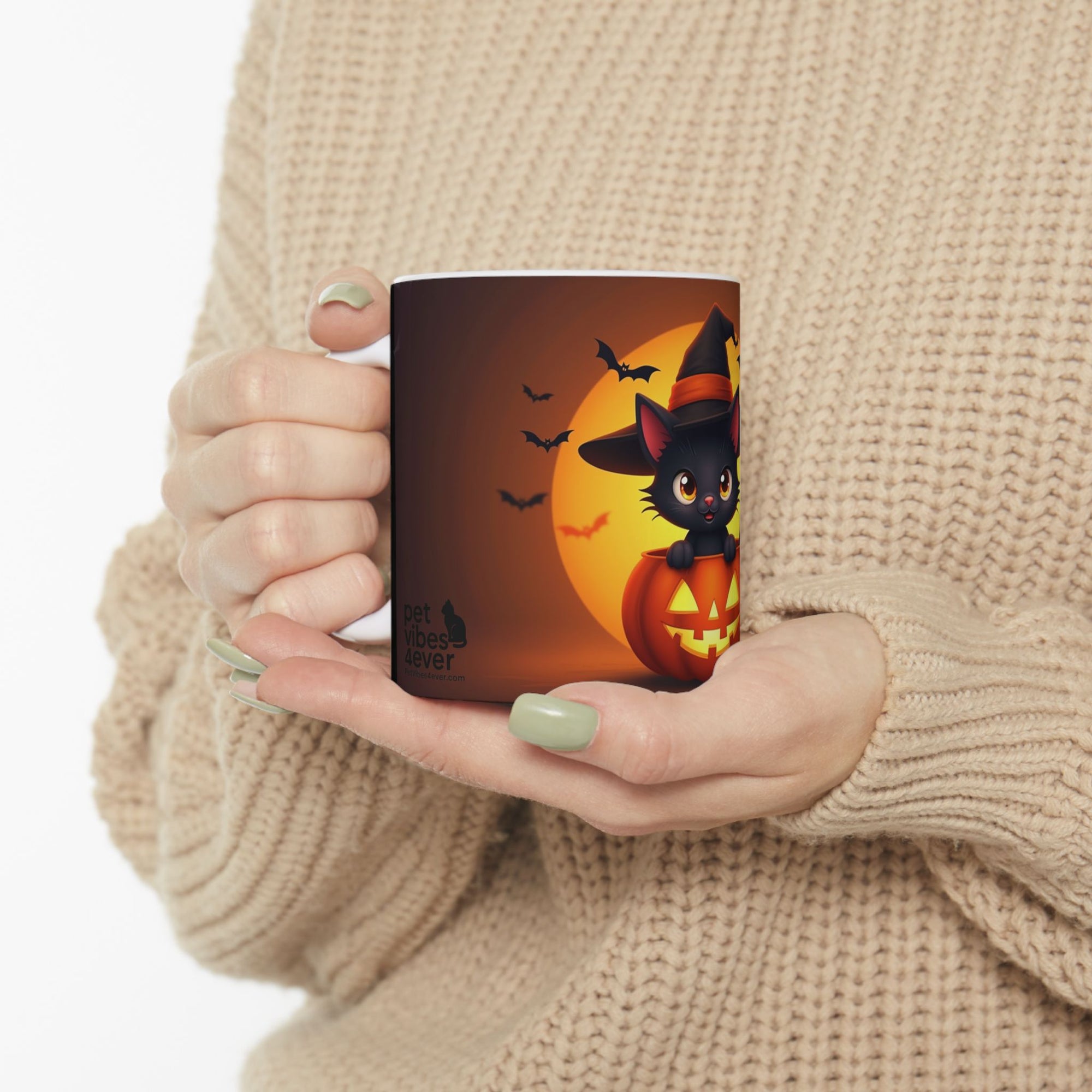 Halloween Cat Ceramic Mug, Cute Black Cat Mug, Pumpkin Mug, Spooky Drinkware, Fall Coffee Cup