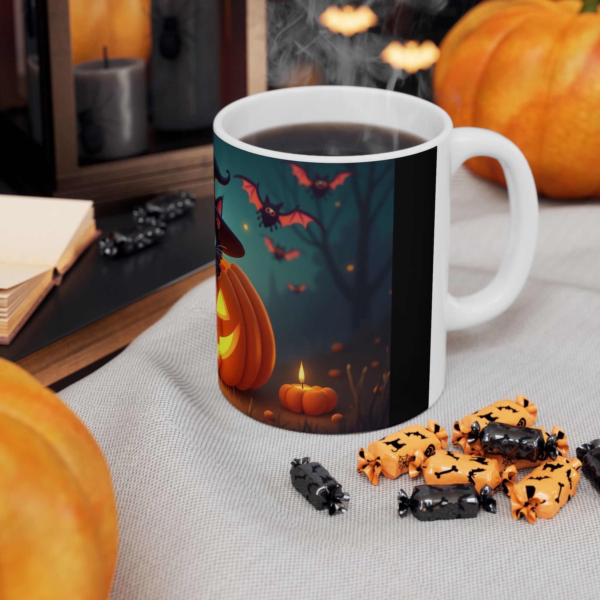 Halloween Cat Ceramic Mug, Cute Black Cat Mug, Pumpkin Mug, Seasonal Drinkware, Halloween Gift, Cozy Fall Decor