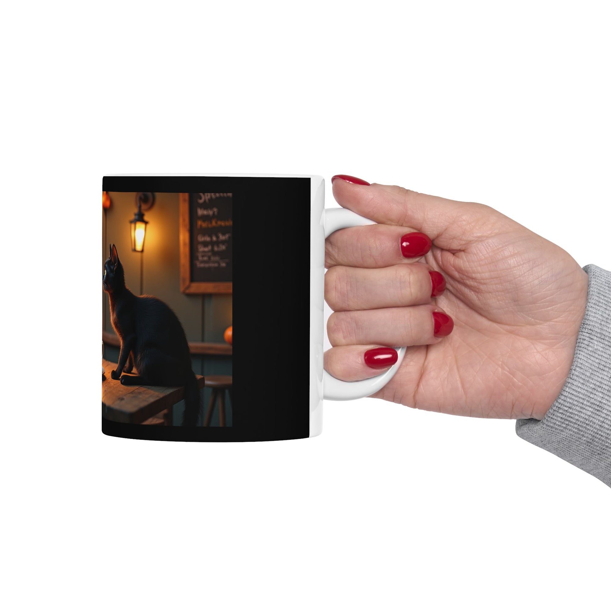 Spooky Skeleton & Cat Mug, Halloween Gift, Cute Ceramic Cup, Cozy Coffee Mug, Gothic Home Decor