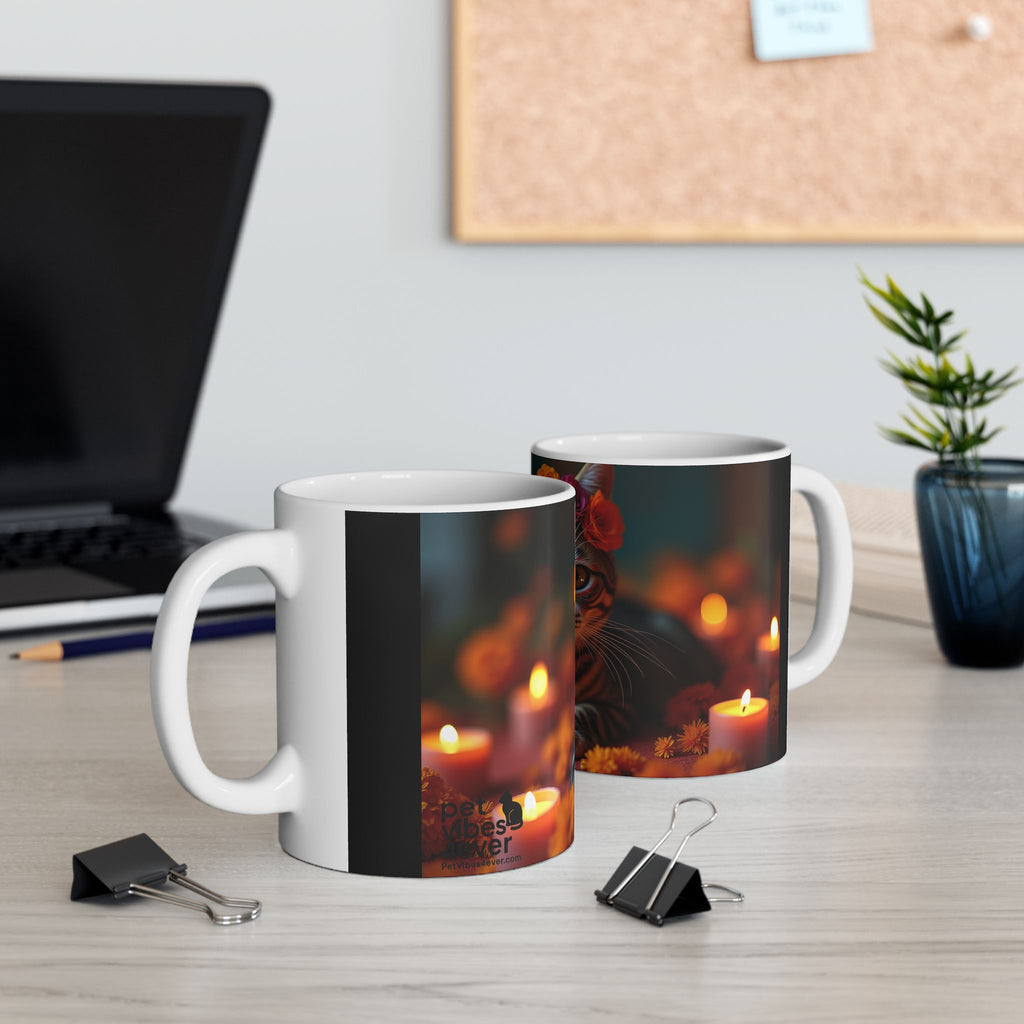 Whimsical Cat Floral Mug | Ceramic Tea Cup | Perfect Gift for Cat Lovers, Cozy Home Decor, Birthday, Cat-Themed Party