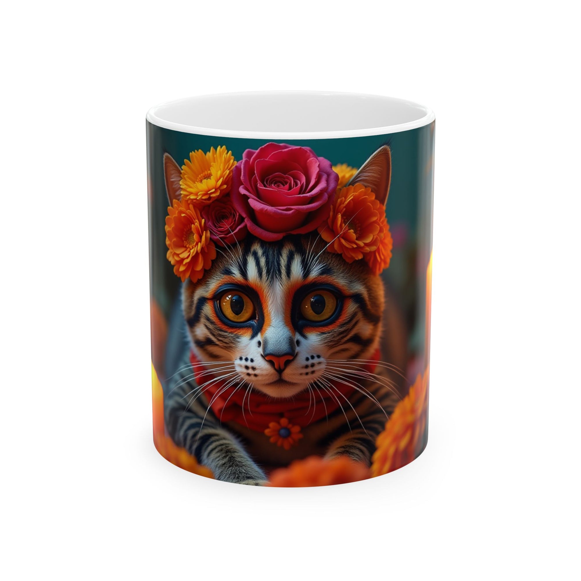 Flower Crown Cat Ceramic Mug - Colorful Cat Design, Unique Gift for Animal Lovers, Home Decor, Cat Mom Present, Coffee Mug, 11oz & 15oz